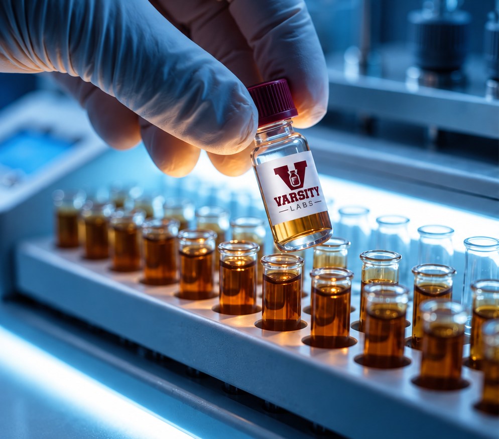 A gloved hand placing a Varsity Labs vial into an HPLC autosampler tray