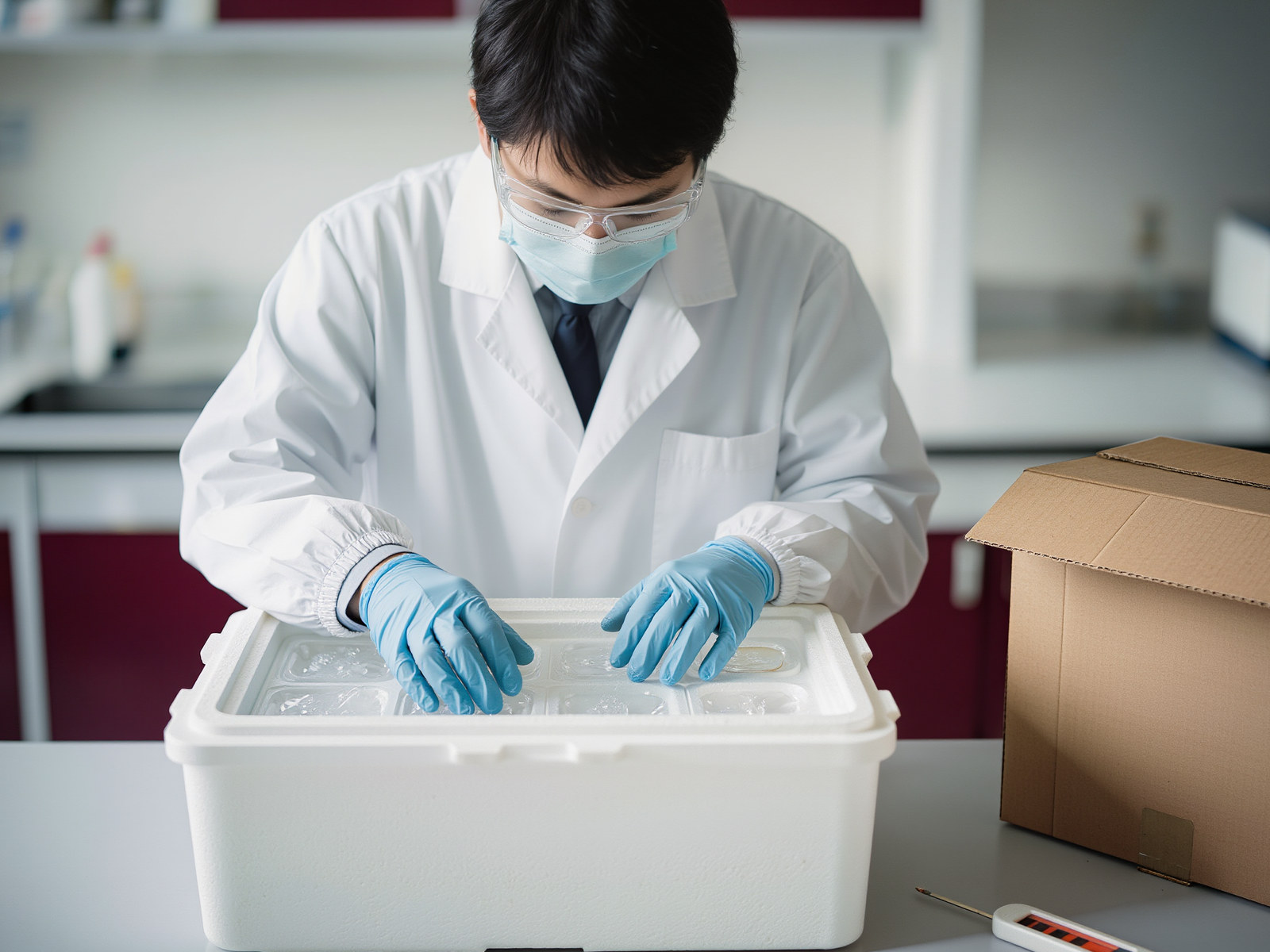 A technician packing an insulated cooler with ice packs