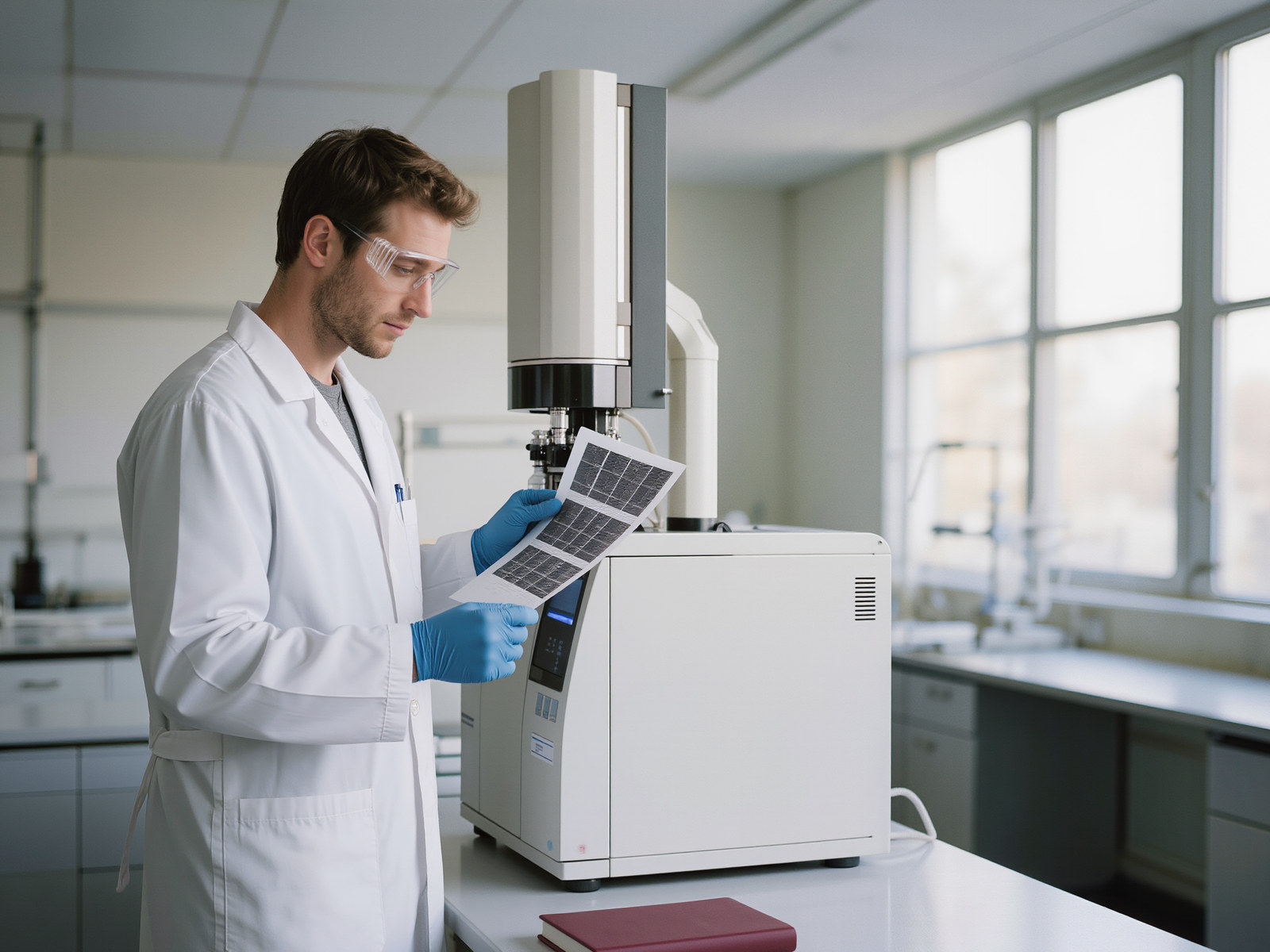A scientist reading a chromatogram beside an HPLC instrument