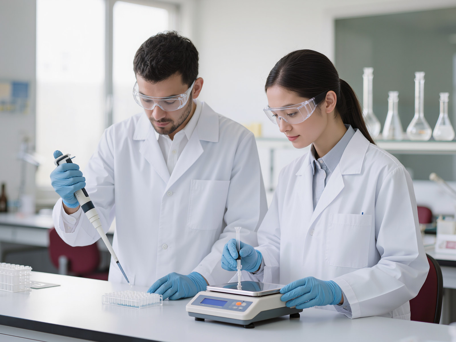 Two scientists pipetting and weighing samples at a lab bench