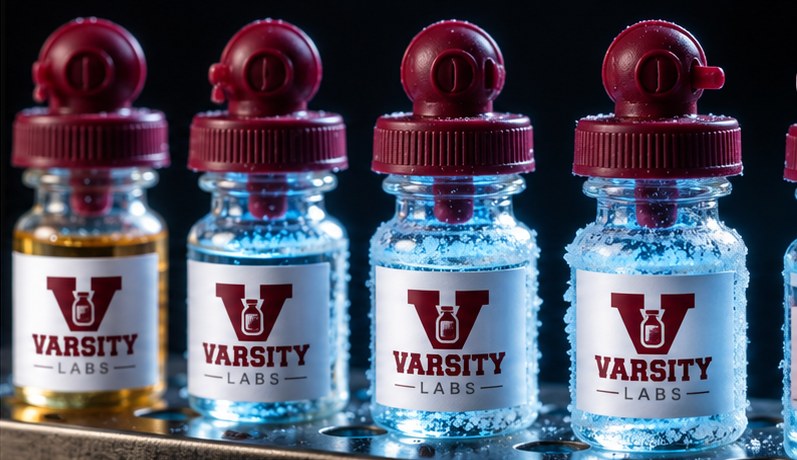 A row of Varsity Labs vials on a lab rack