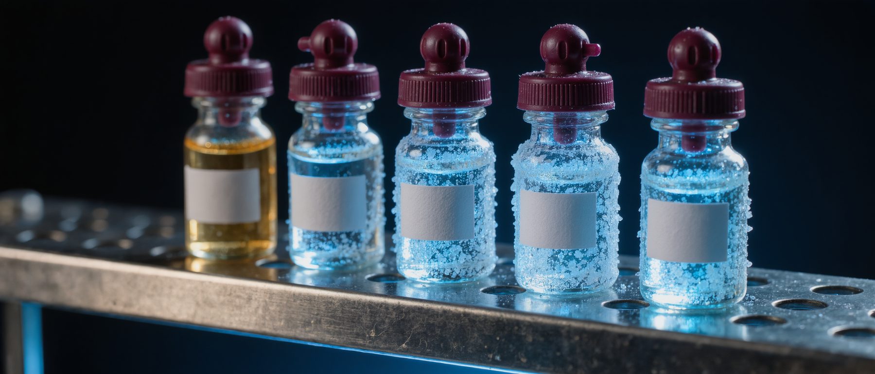 A row of maroon-capped Varsity Labs vials on a lab rack