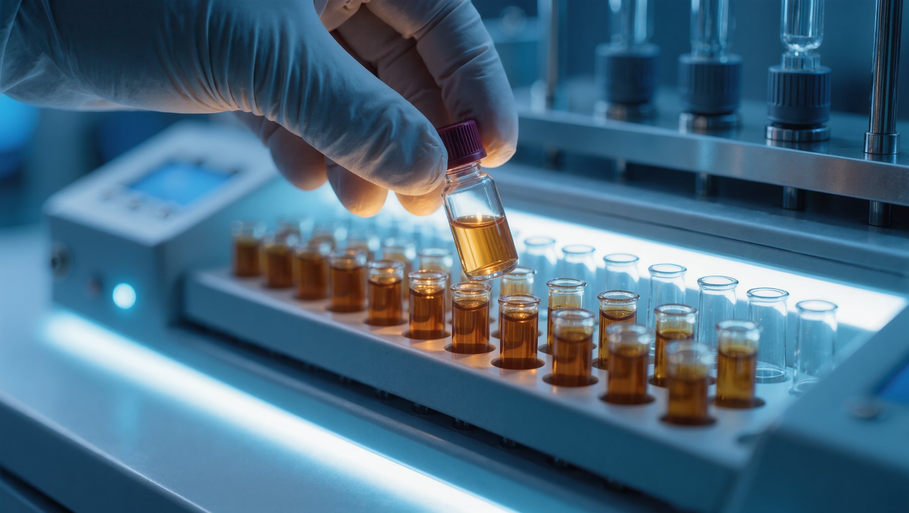 A gloved hand placing a maroon-capped vial into an HPLC autosampler tray